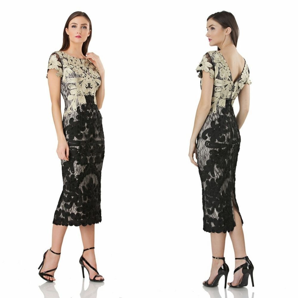 New! JS COLLECTIONS Soutache Embroidered 2-Tone Midi Sheath Dress Gold Black